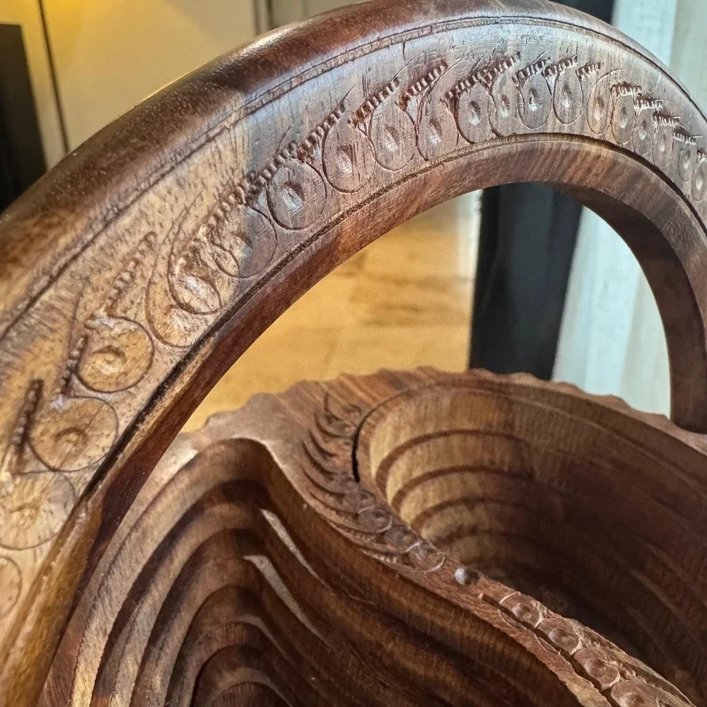 VTG‎ Hand Carved Collapsible Yin Yang Wood Basket Folding Fruit Bowl Decorative
